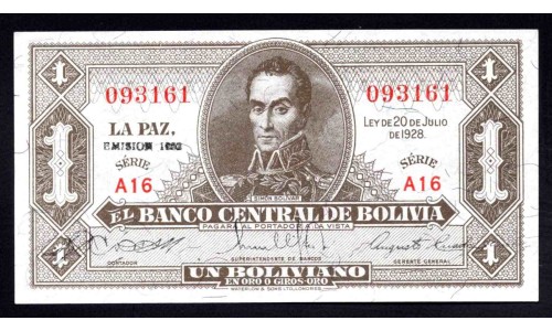 Боливия 1 боливиано 1928 г. (BOLIVIA 1 boliviano 1928 g.) P 128а: UNC