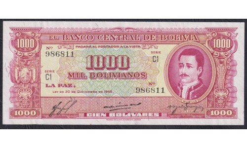 Боливия 1000 боливиано 1945, серия С (BOLIVIA 1000 bolivianos=100 Bolivares 1945) P 149(1):  aUNC/UNC