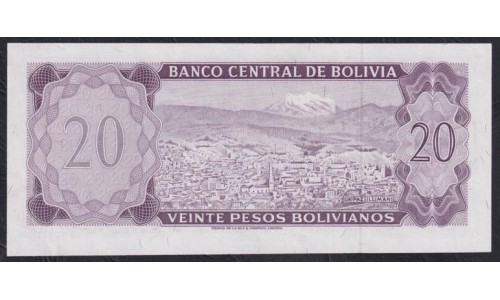 Боливия 20 песо Боливанос 1962 года, H000049, Низкий Номер из Первой Сотни!!!, Редкие (BOLIVIA 20 Pesos Bolivianos 1962) P 161(3): UNC