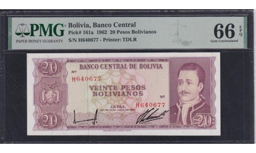 Боливия 20 песо Боливанос 1962 года, H640677, Редкие (BOLIVIA 20 Pesos Bolivianos 1962) P 161(4): PMG 66 Gem UNC EPQ
