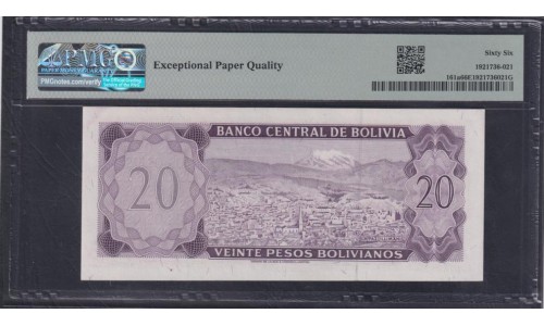 Боливия 20 песо Боливанос 1962 года, H640677, Редкие (BOLIVIA 20 Pesos Bolivianos 1962) P 161(4): PMG 66 Gem UNC EPQ