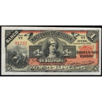 Боливия, Национальный Банк Боливии 1 боливиано 1892, РЕДКИЕ (BOLIVIA, BANCO NACIONAL DE BOLIVIA 1 boliviano 1892) PS 211b: aUNC