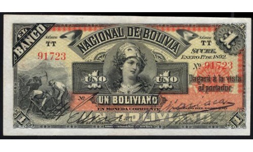 Боливия, Национальный Банк Боливии 1 боливиано 1892, РЕДКИЕ (BOLIVIA, BANCO NACIONAL DE BOLIVIA 1 boliviano 1892) PS 211b: aUNC