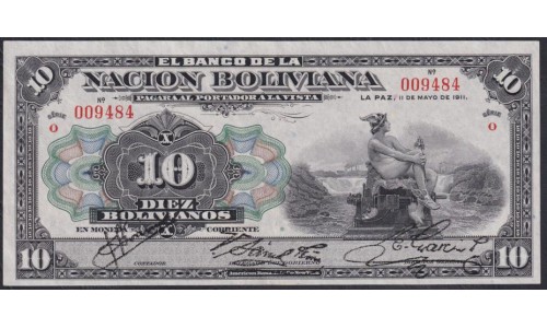 Боливия 10 боливиано 11.05.1911 г. (BOLIVIA 10 bolivianos 11.05.1911) P 107b(2): aUNC