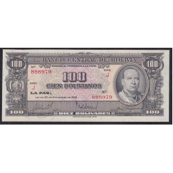 Боливия 100 боливиано 1945, серия J, красивый номер 888979 (BOLIVIA 100 bolivianos=10 Bolivares 1945) P 147(2):  UNC