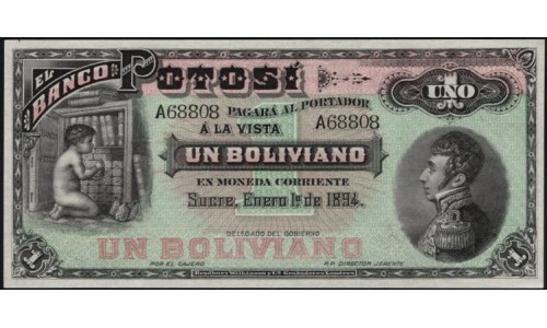 Боливия, банк Потоси 1 боливиано 1894 (BOLIVIA, Bank Potosi 1 boliviano 1894) PS 231 : UNC