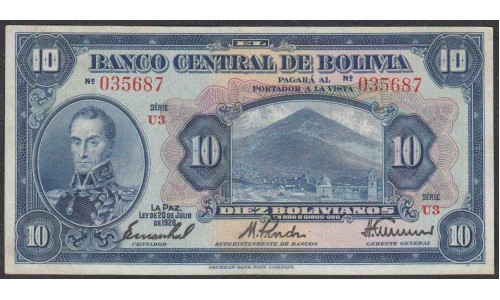 Боливия 10 боливиано 1928 г. (BOLIVIA 10 boliviano 1928) P 121: XF/aUNC