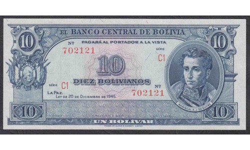 Боливия 10 боливиано 1945 г. (1952) (BOLIVIA 10 Bolivianos = 1 Bolívar 1945 (1952)) P 139d: UNC