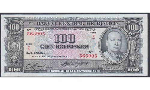 Боливия 100 боливиано 1945, серия Z (BOLIVIA 100 bolivianos=10 Bolivares 1945) P 147(3):  UNC