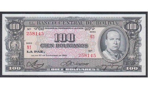 Боливия 100 боливиано 1945, серия N1 (BOLIVIA 100 bolivianos=10 Bolivares 1945) P 147(3):  UNC