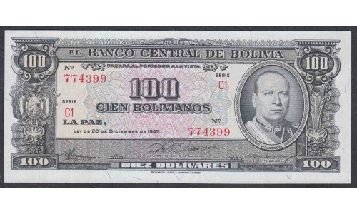 Боливия 100 боливиано 1945, серия C1 (BOLIVIA 100 bolivianos=10 Bolivares 1945) P 147(4):  UNC