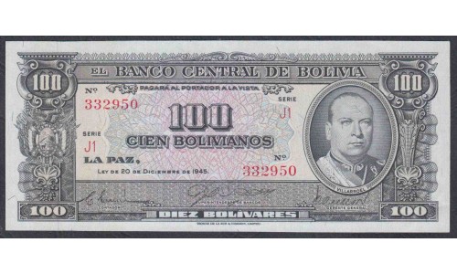 Боливия 100 боливиано 1945, серия J1 (BOLIVIA 100 bolivianos=10 Bolivares 1945) P 147(8):  UNC