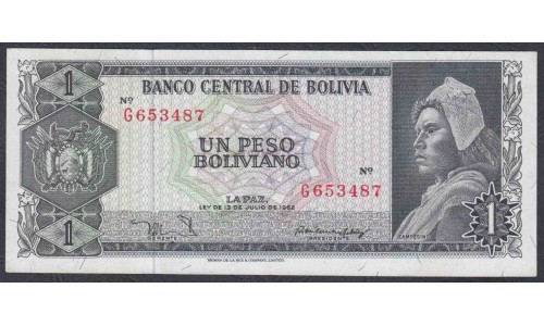 Боливия 1 песо Боливано 1962 г., (BOLIVIA 1 Peso Boliviano=1000 Bolivanos 1962) P 158a(2): aUNC/UNC