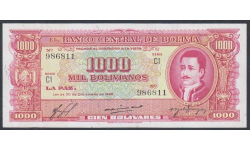 Боливия 1000 боливиано 1945, серия С (BOLIVIA 1000 bolivianos=100 Bolivares 1945) P 149(1):  aUNC/UNC