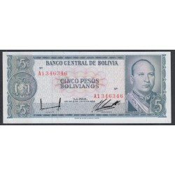 Боливия 5 песо Боливано 1962 года, Серия A (BOLIVIA 5 Pesos Bolivianos=5000 Bolivanos 1962, Series A) P 153a(1): aUNC