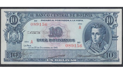 Боливия 10 боливиано 1945 г. (1952) (BOLIVIA 10 Bolivianos = 1 Bolívar 1945 (1952)) P 139a: aUNC