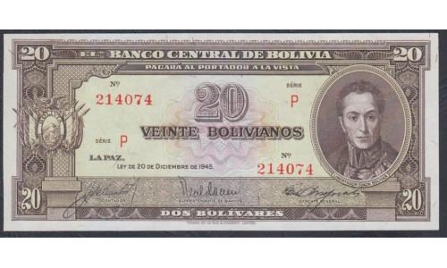 Боливия 20 боливиано 1945 г. (BOLIVIA 20 bolivianos 1945 g.) P140(6): UNC
