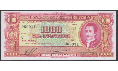 Боливия 1000 боливиано 1945, серия С (BOLIVIA 1000 bolivianos=100 Bolivares 1945) P 149(1):  UNC