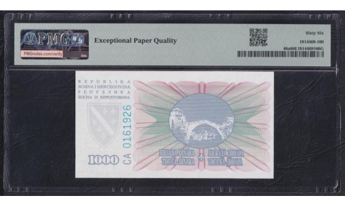 Босния и Герцеговина 1000 динаров 1994 года, РЕДКИЕ (BOSNIA & HERZEGOVINA 1000 Dinara 1994) P 46a:  PMG 66 Gem UNC EPQ