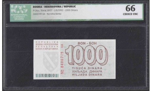 Босния и Герцеговина 1000 динар 1992 года (BOSNIA & HERZEGOVINA 1000 Dinara 1992) P 26: CHOICE UNC 66