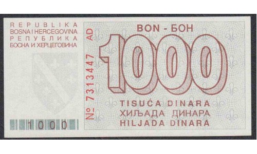 Босния и Герцеговина 1000 динар 1992 года (BOSNIA & HERZEGOVINA 1000 Dinara 1992) P 26: UNC
