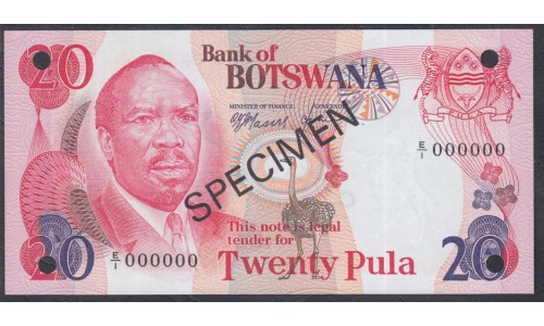 Ботсвана 20 пула 1979 года Образец (Botswana 20 pula 1979, SPECIMEN) P5as: UNC 