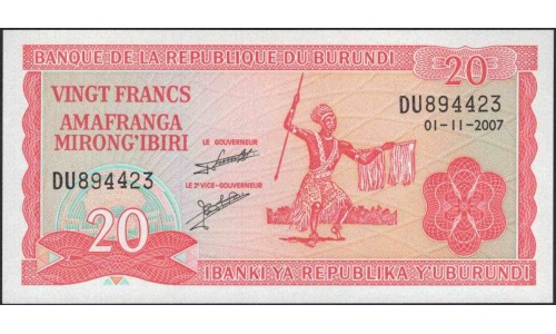 Бурунди 20 франков 2007 (Burundi 20 francs 2007) P 27d : Unc