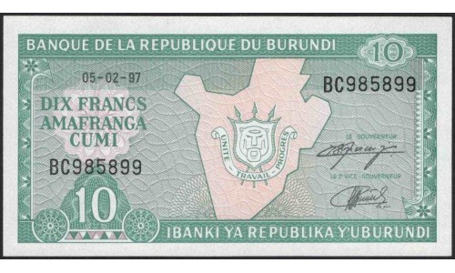 Бурунди 10 франков 1997 (Burundi 10 francs 1997) P 33d : Unc