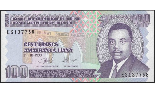 Бурунди 100 франков 1993 (Burundi 100 francs 1993) P 37a : Unc