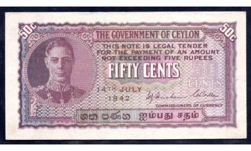 Цейлон 50 центов 1942 г. (CEYLON 50 Cents 1942) P45a:аUnc