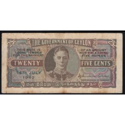 Цейлон 25 центов  14.07.1942 г. (CEYLON 50 Cents  14.07.1942) P44a(2): VF