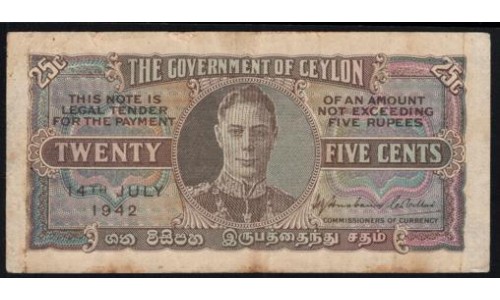 Цейлон 25 центов  14.07.1942 г. (CEYLON 50 Cents  14.07.1942) P44a(2): VF