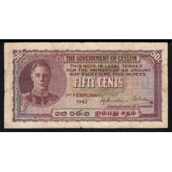 Цейлон 50 центов 1942 г. (CEYLON 50 Cents 1942) P45a: VF