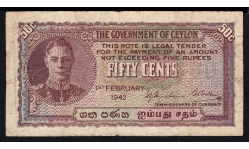 Цейлон 50 центов 1942 г. (CEYLON 50 Cents 1942) P45a: VF