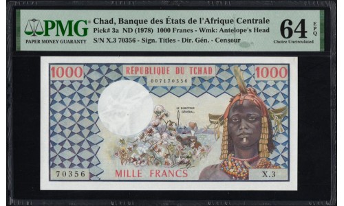 Чад 1000 франков 1974 - 1978 г. (CHAD 1000 francs 1974 - 1978) P 3a : UNC PMG 64 EPQ