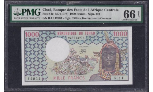 Чад 1000 франков 1978 г. (CHAD 1000 francs 1978) P 3c: UNC PMG 66 Gem Uncirculated EPQ