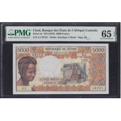 Чад 5000 франков 1976 г0да (CHAD 5000 francs 1976) P 5b: PMG  Gem UNC 65 EPQ