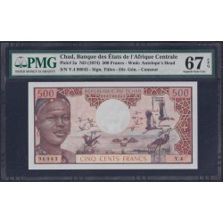 Чад 500 франков 1974 года, 96943 (CHAD 500 francs 1974) P 2a: PMG 67 Superb Gem UNC EPQ