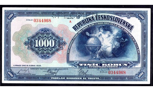 Чехословакия 1000 корун 1932 г. (CZECHOSLOVAKIA 1000 Korun 1932) P25s:XF  SPECIMEN
