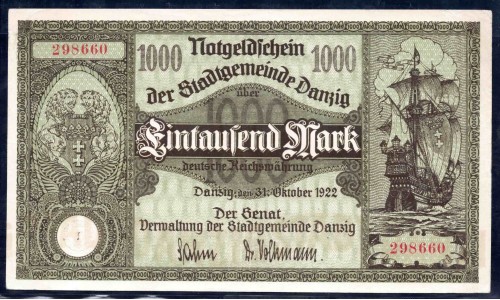 Данциг 1000 марок 1922 г. (DANZIG 1000 Mark 1922) P 15: UNC
