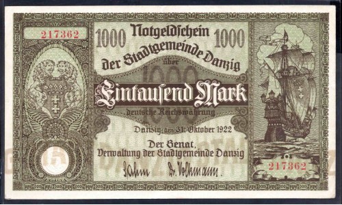 Данциг 1000 марок 1922 г. (DANZIG 1000 Mark 1922) P 15: XF