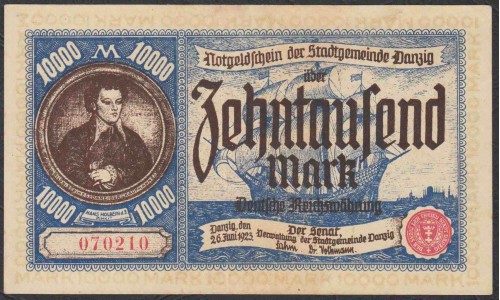 Данциг 10000 марок 1923 г. (DANZIG 10000 Mark 1923) P 18: XF/aUNC