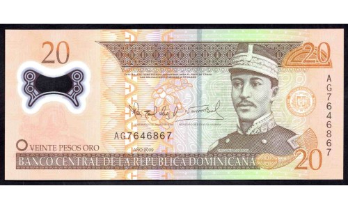 Доминиканская Республика 20 песо 2009 года (DOMINICAN REPUBLIC 20 Pesos Oro 2009, Polymer) P 182: UNC