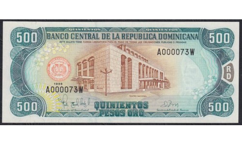 Доминиканская Республика 500 песо 1998 года, A000073W из первой сотни!!! Редкие!!! (DOMINICAN REPUBLIC 500 Pesos 1998, RARE) P 157c: UNC
