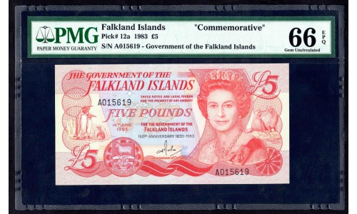 Фолклендские Острова 5 фунтов 1983 года (FALKLAND ISLANDS 5 Pounds 1983) P12а: UNC PMG 66 greid slab