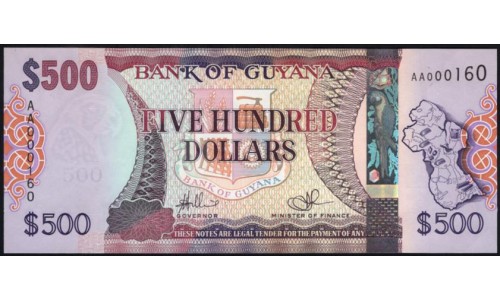 Гайана 500 долларов (2011-2019) AA, короткий номер (GUYANA 500 dollars (2011-2019)) P 37(1) : UNC
