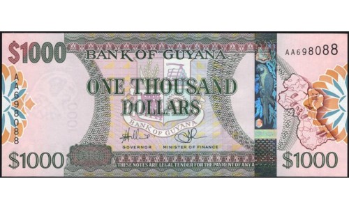 Гайана 1000 долларов (2011-2019), серия АА (GUYANA 1000 dollars (2011-2019) prefix AA) P 38b : UNC