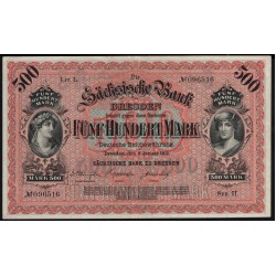 Земельные деньги, Саксонский Банк 500 марок, Дрезден 1911 год (Sachsische Bank 500 mark 1911 Landerbanknote) PS 953b: aU