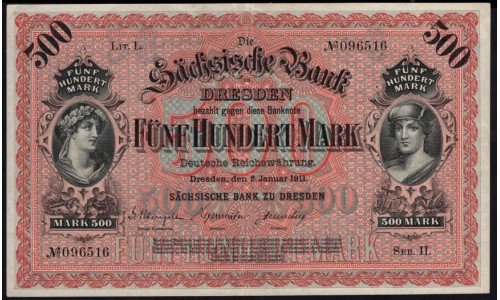 Земельные деньги, Саксонский Банк 500 марок, Дрезден 1911 год (Sachsische Bank 500 mark 1911 Landerbanknote) PS 953b: aU