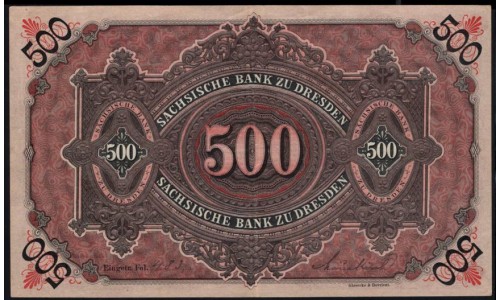 Земельные деньги, Саксонский Банк 500 марок, Дрезден 1911 год (Sachsische Bank 500 mark 1911 Landerbanknote) PS 953b: aU